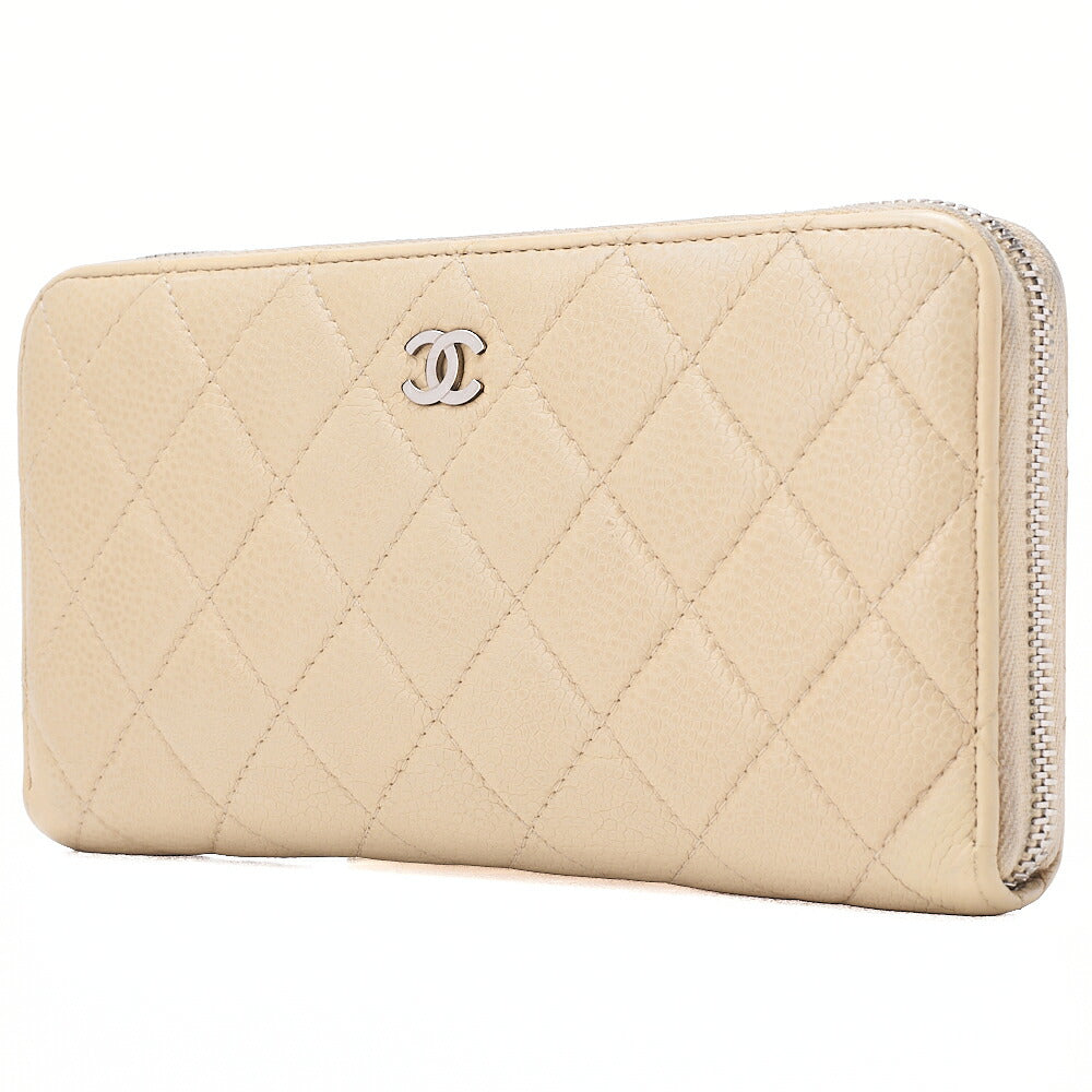 CHANEL Matelasse Round Long Wallet Caviar Skin Beige Silver-Tone Hardware, Pre-Owned