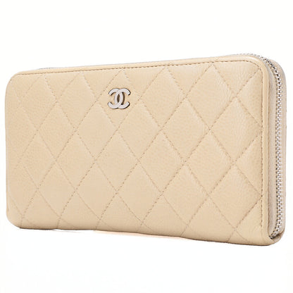 CHANEL Matelasse Round Long Wallet Caviar Skin Beige Silver-Tone Hardware, Pre-Owned