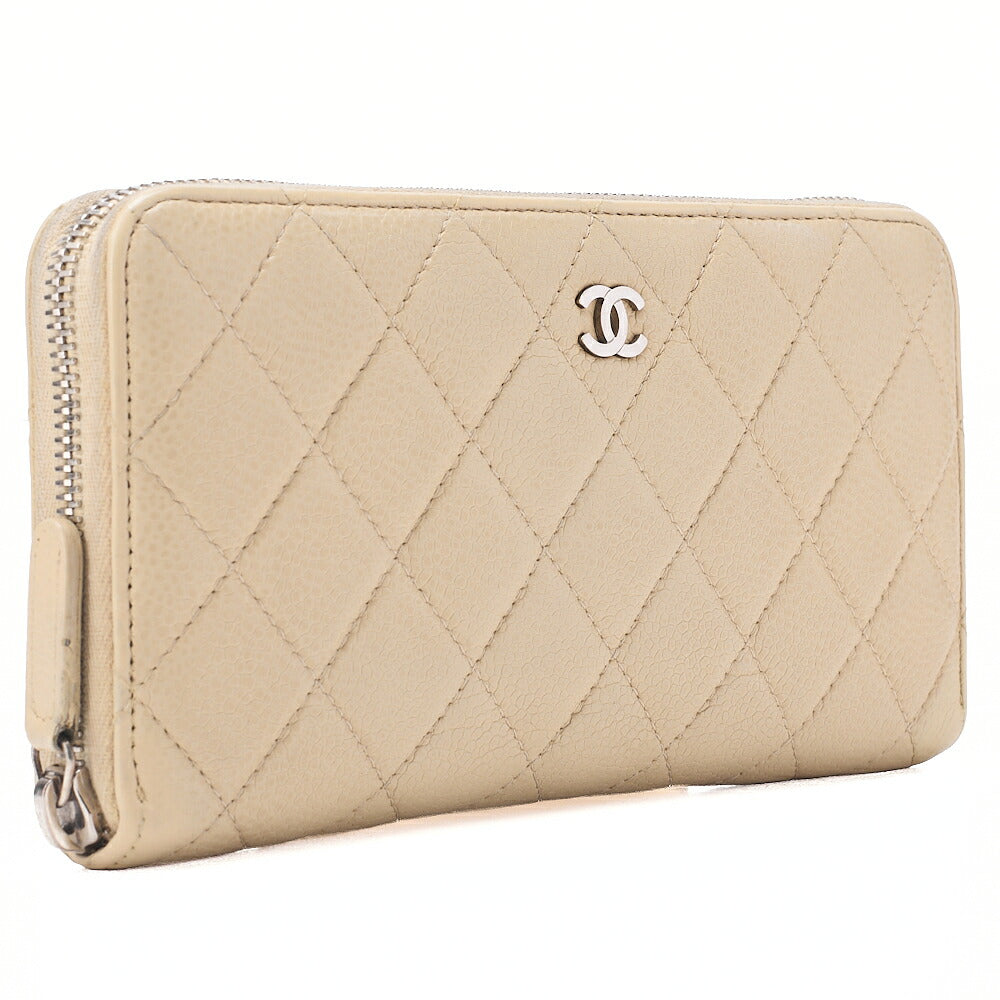 CHANEL Matelasse Round Long Wallet Caviar Skin Beige Silver-Tone Hardware, Pre-Owned