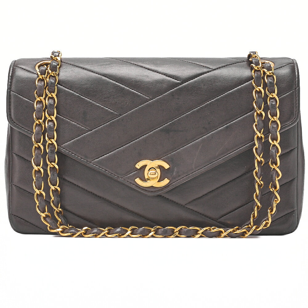 CHANEL Lambskin V-Stitch Single Flap 25cm Chain Shoulder Brown Gold-Tone Hardware, Pre-Owned