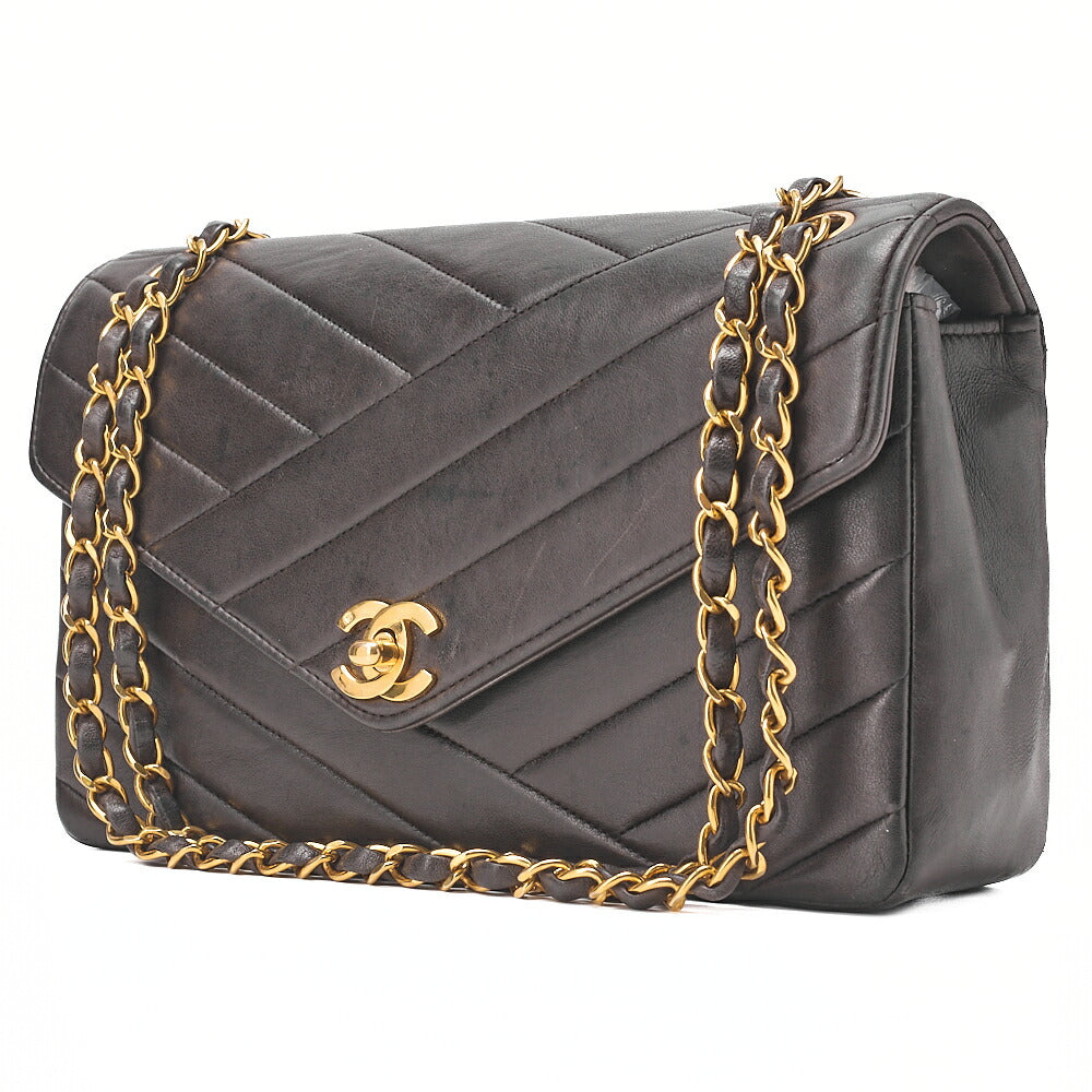 CHANEL Lambskin V-Stitch Single Flap 25cm Chain Shoulder Brown Gold-Tone Hardware, Pre-Owned