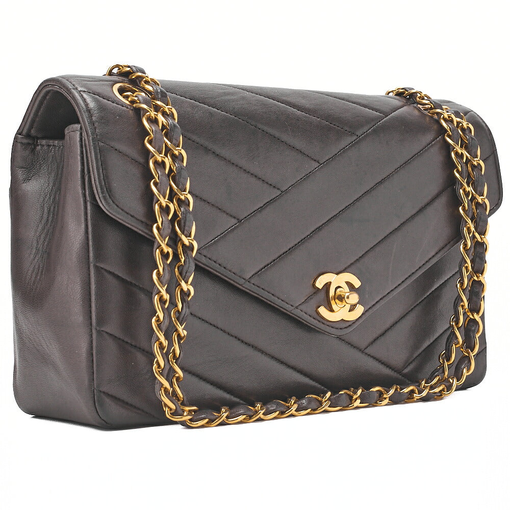 CHANEL Lambskin V-Stitch Single Flap 25cm Chain Shoulder Brown Gold-Tone Hardware, Pre-Owned