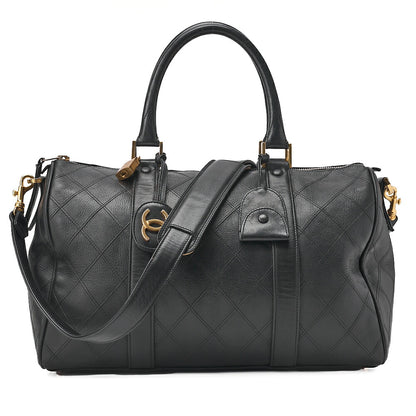 CHANEL Matelasse Bicolore 2WAY Shoulder Boston Lambskin Black Gold-Tone Hardware, Pre-Owned