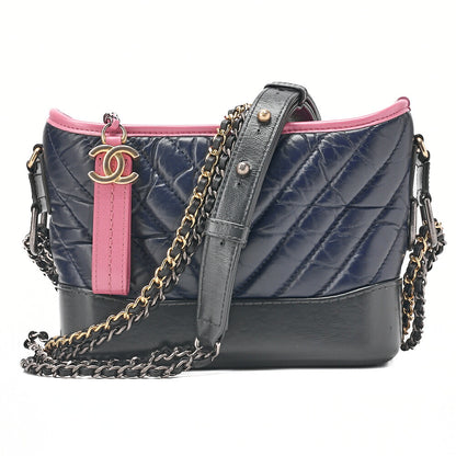 CHANEL チェーンショルダーバッグ マトラッセ ガブリエルド ヴィンテージカーフ ブラック x ネイビー x ピンク シルバー金具 x ゴールド金具, 中古品