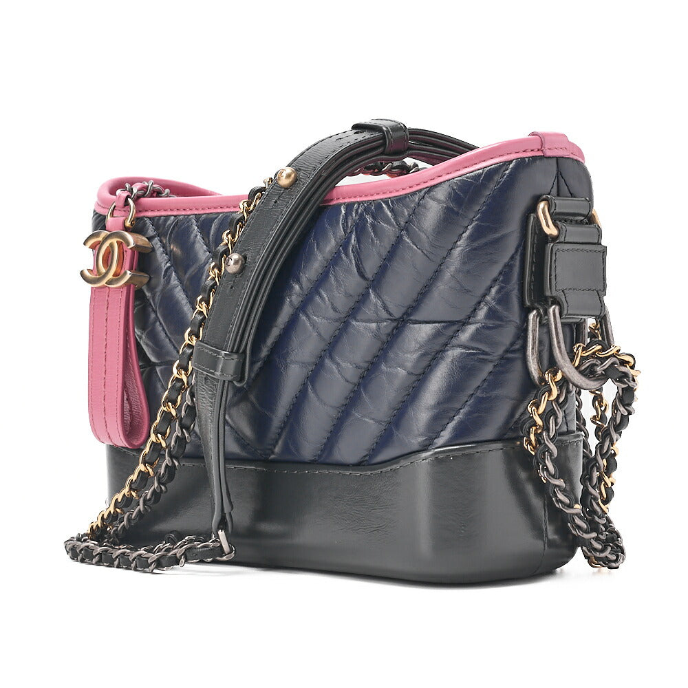 CHANEL チェーンショルダーバッグ マトラッセ ガブリエルド ヴィンテージカーフ ブラック x ネイビー x ピンク シルバー金具 x ゴールド金具, 中古品