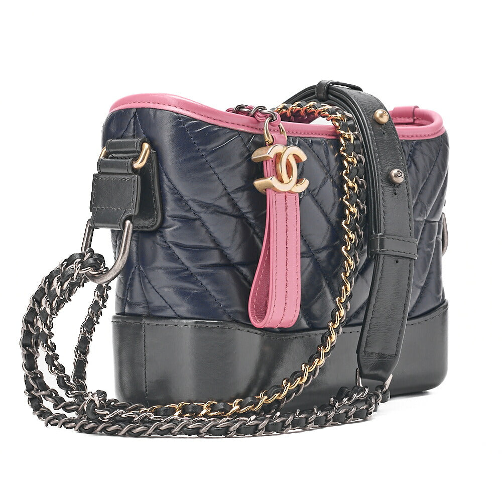 CHANEL チェーンショルダーバッグ マトラッセ ガブリエルド ヴィンテージカーフ ブラック x ネイビー x ピンク シルバー金具 x ゴールド金具, 中古品