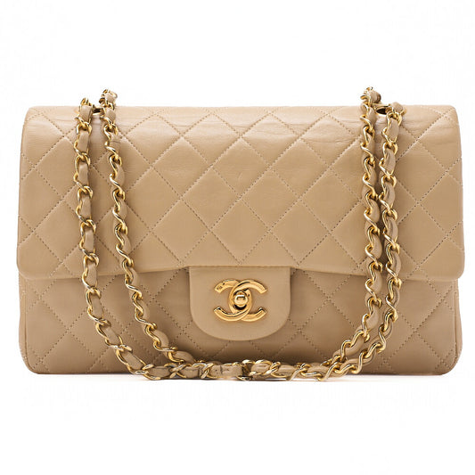 CHANEL Lambskin Matelasse 25cm Double Flap Chain Shoulder Beige Gold-Tone Hardware, Pre-Owned