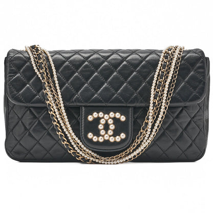CHANEL Lambskin Matelasse 25cm Westminster Pearl Chain Hand Black Gold-Tone Hardware, Pre-Owned