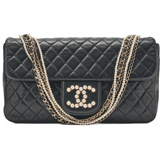 CHANEL Lambskin Matelasse 25cm Westminster Pearl Chain Hand Black Gold-Tone Hardware, Pre-Owned