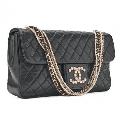 CHANEL Lambskin Matelasse 25cm Westminster Pearl Chain Hand Black Gold-Tone Hardware, Pre-Owned