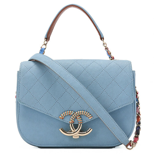 CHANEL Matelasse Half Coco Mark 2WAY Shoulder Caviar Skin Blue Multicolor Gold-Tone Hardware, Pre-Owned