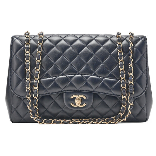CHANEL Deca Matelasse 30 Single Flap Chain Shoulder Bag Lambskin Navy Champagne Gold-Tone Hardware, Pre-Owned