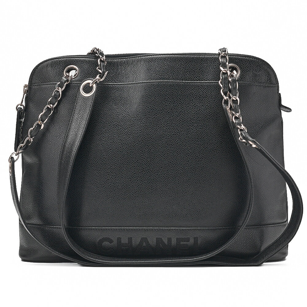 CHANEL Logo Mark Plate Charm W Chain Shoulder Bag Caviar Skin Black Silver-Tone Hardware, Pre-Owned