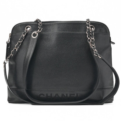 CHANEL Logo Mark Plate Charm W Chain Shoulder Bag Caviar Skin Black Silver-Tone Hardware, Pre-Owned
