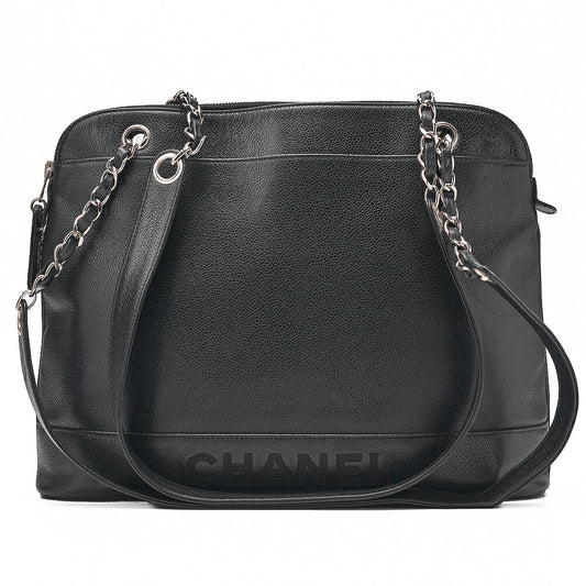CHANEL Logo Mark Plate Charm W Chain Shoulder Bag Caviar Skin Black Silver-Tone Hardware, Pre-Owned