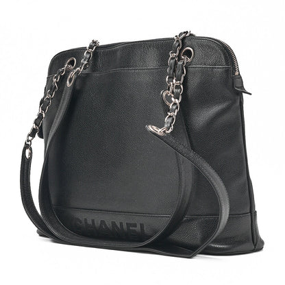 CHANEL Logo Mark Plate Charm W Chain Shoulder Bag Caviar Skin Black Silver-Tone Hardware, Pre-Owned