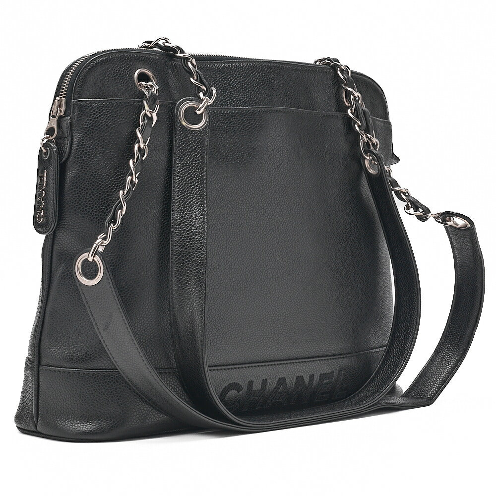 CHANEL Logo Mark Plate Charm W Chain Shoulder Bag Caviar Skin Black Silver-Tone Hardware, Pre-Owned