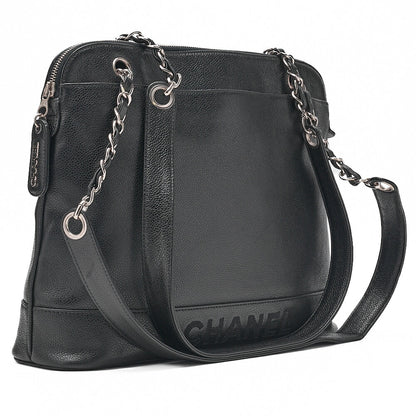 CHANEL Logo Mark Plate Charm W Chain Shoulder Bag Caviar Skin Black Silver-Tone Hardware, Pre-Owned