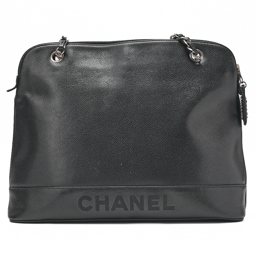 CHANEL Logo Mark Plate Charm W Chain Shoulder Bag Caviar Skin Black Silver-Tone Hardware, Pre-Owned