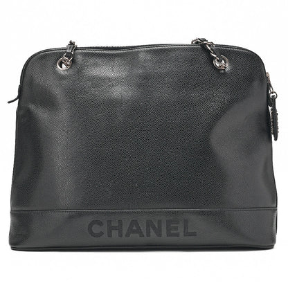 CHANEL Logo Mark Plate Charm W Chain Shoulder Bag Caviar Skin Black Silver-Tone Hardware, Pre-Owned