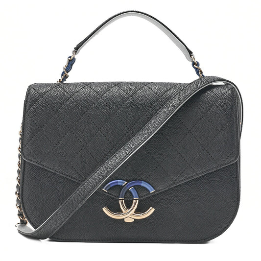 CHANEL Matelasse Half Coco Mark 2WAY Shoulder Caviar Skin Black x Blue Gold-Tone Hardware, Pre-Owned