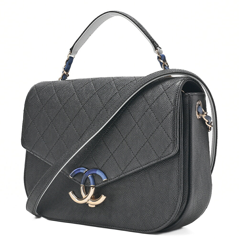 CHANEL Matelasse Half Coco Mark 2WAY Shoulder Caviar Skin Black x Blue Gold-Tone Hardware, Pre-Owned