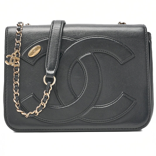 CHANEL Lambskin Big Coco Mark Full Flap Chain Shoulder Bag Black Gold-Tone Hardware, Pre-Owned