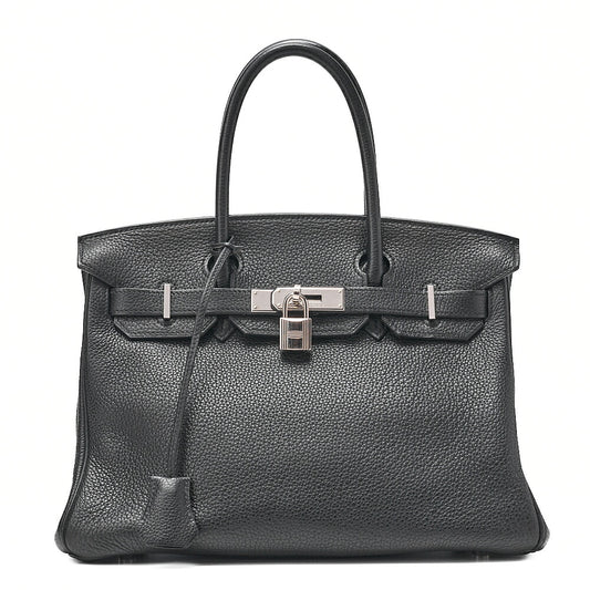 HERMES Birkin 30 Handbag Tryon Clemence Black Silver-Tone Hardware, Pre-Owned