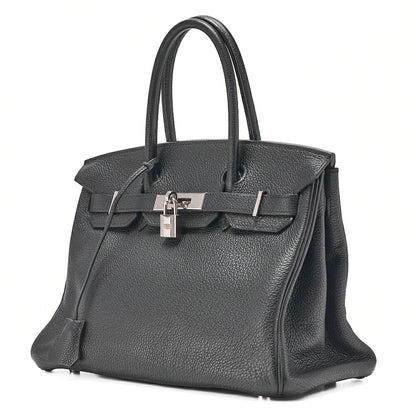 HERMES Birkin 30 Handbag Tryon Clemence Black Silver-Tone Hardware, Pre-Owned