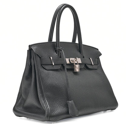 HERMES Birkin 30 Handbag Tryon Clemence Black Silver-Tone Hardware, Pre-Owned