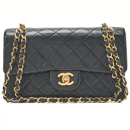 CHANEL Chain Shoulder Bag Matelasse 22cm Double Flap Lambskin Black Gold-Tone Hardware, Pre-Owned