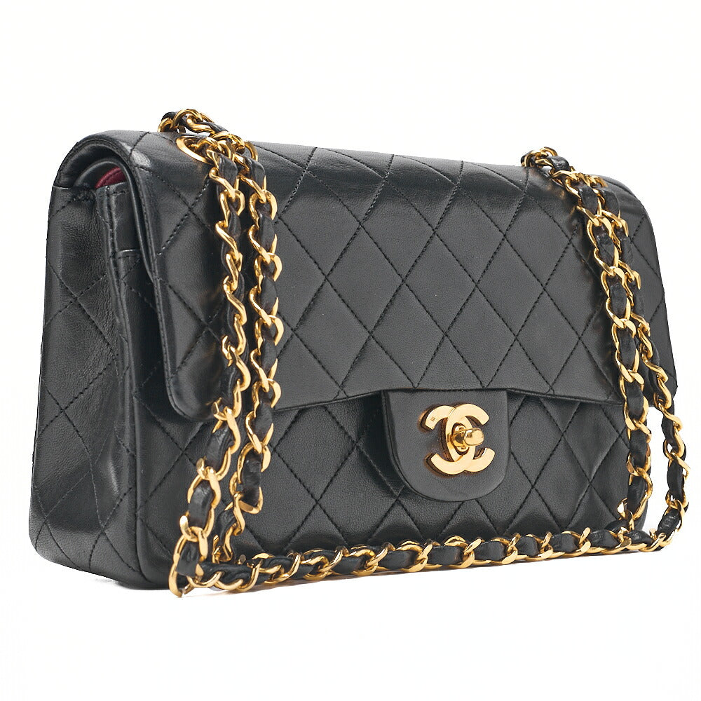 CHANEL Chain Shoulder Bag Matelasse 22cm Double Flap Lambskin Black Gold-Tone Hardware, Pre-Owned