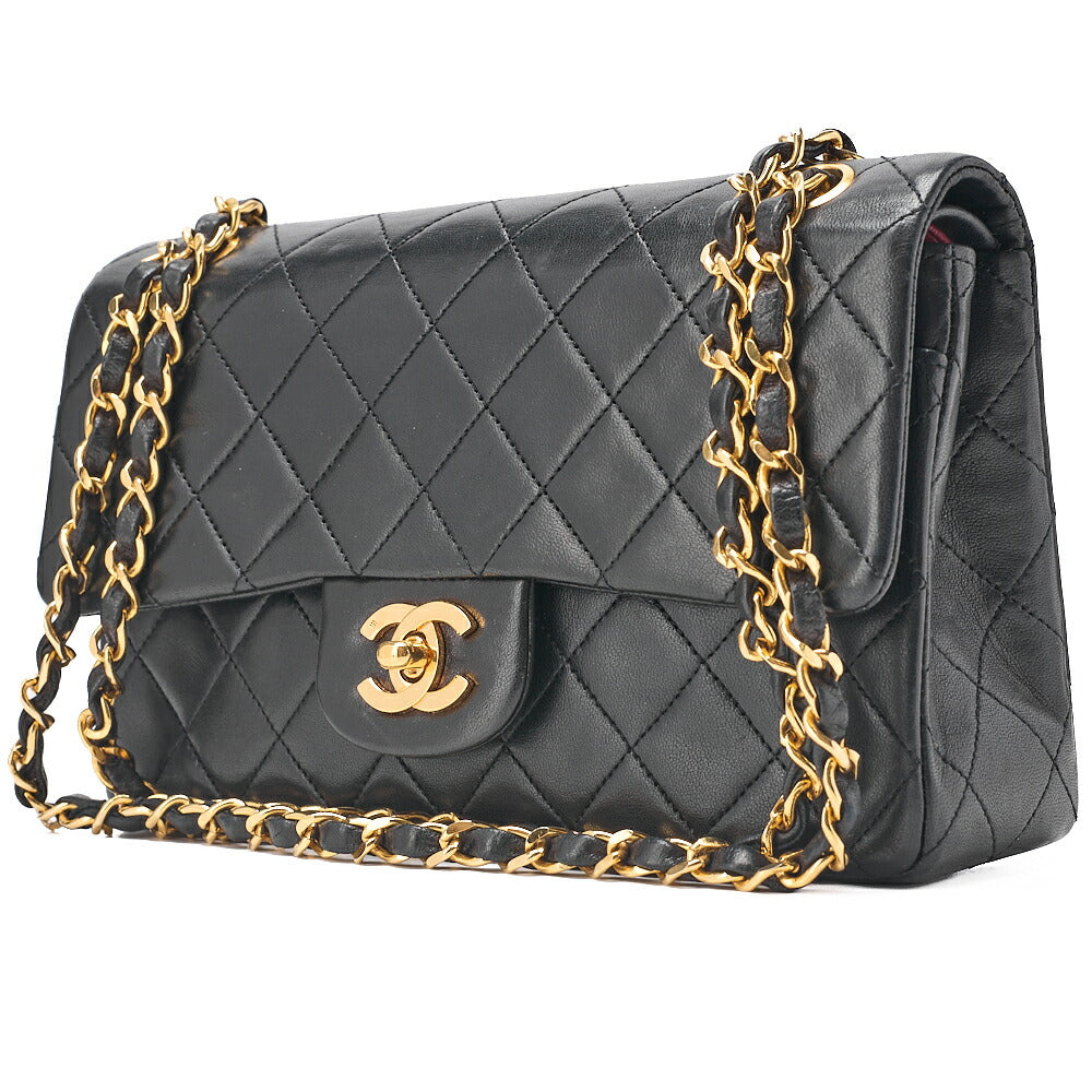 CHANEL Chain Shoulder Bag Matelasse 22cm Double Flap Lambskin Black Gold-Tone Hardware, Pre-Owned