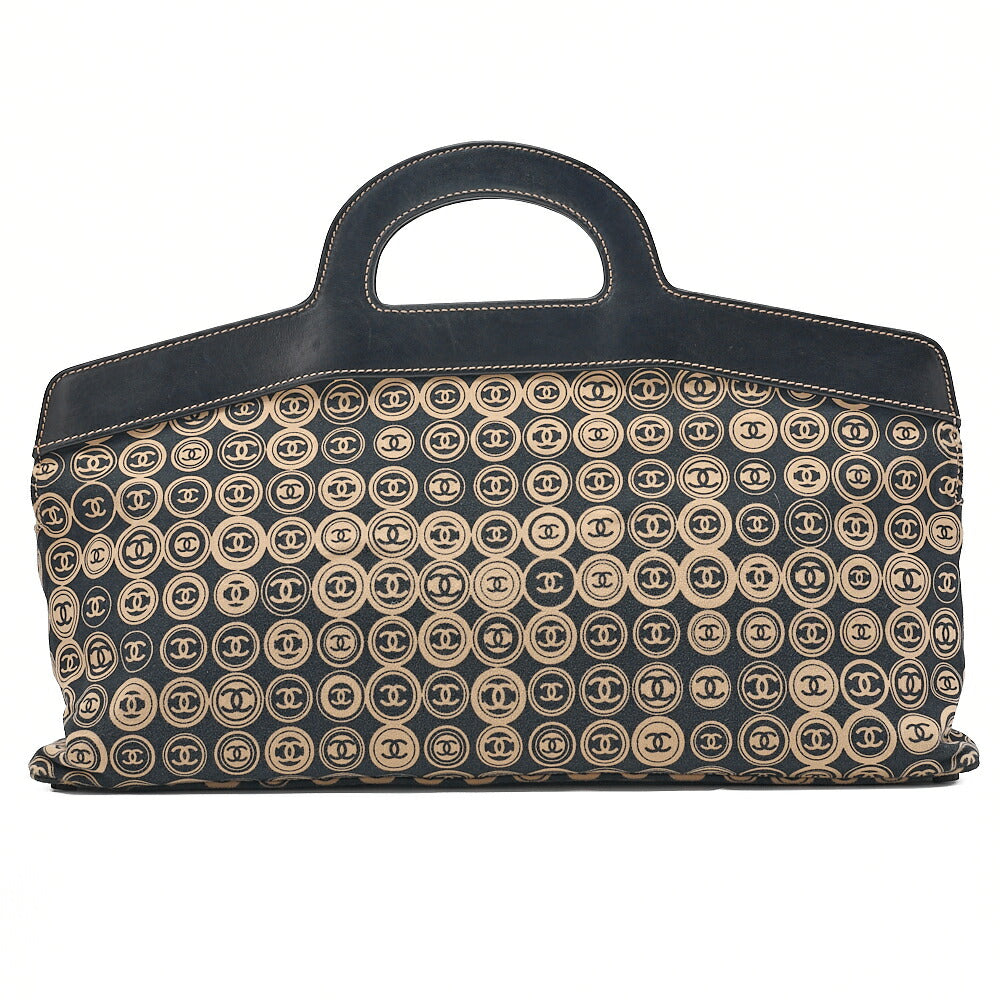 CHANEL Cotton x Leather Coco Mark All Over Pattern Handbag Black x Beige Gold-Tone Hardware, Pre-Owned