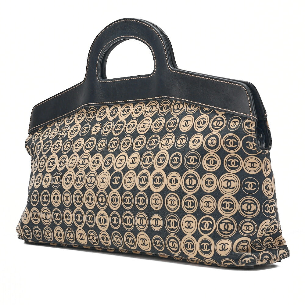 CHANEL Cotton x Leather Coco Mark All Over Pattern Handbag Black x Beige Gold-Tone Hardware, Pre-Owned