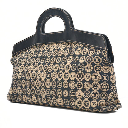 CHANEL Cotton x Leather Coco Mark All Over Pattern Handbag Black x Beige Gold-Tone Hardware, Pre-Owned