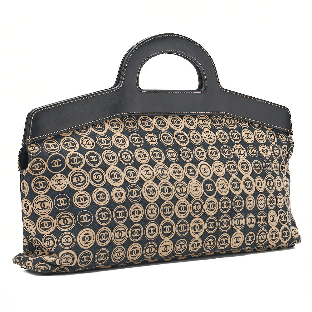 CHANEL Cotton x Leather Coco Mark All Over Pattern Handbag Black x Beige Gold-Tone Hardware, Pre-Owned