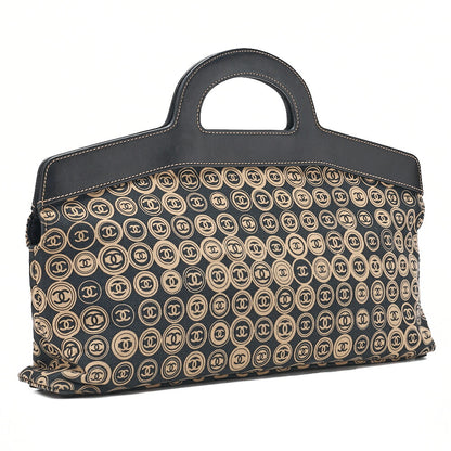 CHANEL Cotton x Leather Coco Mark All Over Pattern Handbag Black x Beige Gold-Tone Hardware, Pre-Owned