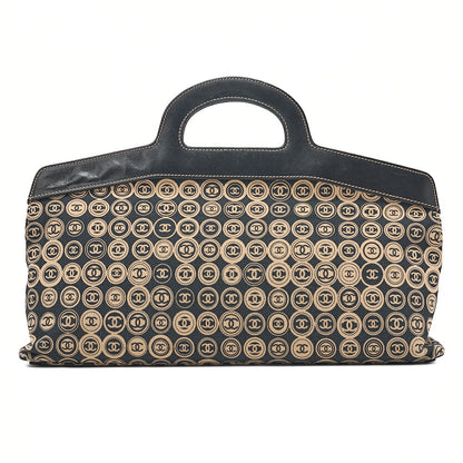 CHANEL Cotton x Leather Coco Mark All Over Pattern Handbag Black x Beige Gold-Tone Hardware, Pre-Owned