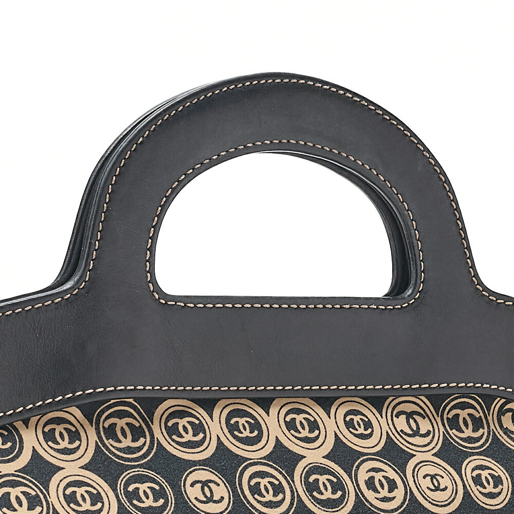 CHANEL Cotton x Leather Coco Mark All Over Pattern Handbag Black x Beige Gold-Tone Hardware, Pre-Owned