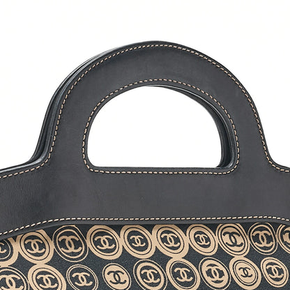 CHANEL Cotton x Leather Coco Mark All Over Pattern Handbag Black x Beige Gold-Tone Hardware, Pre-Owned