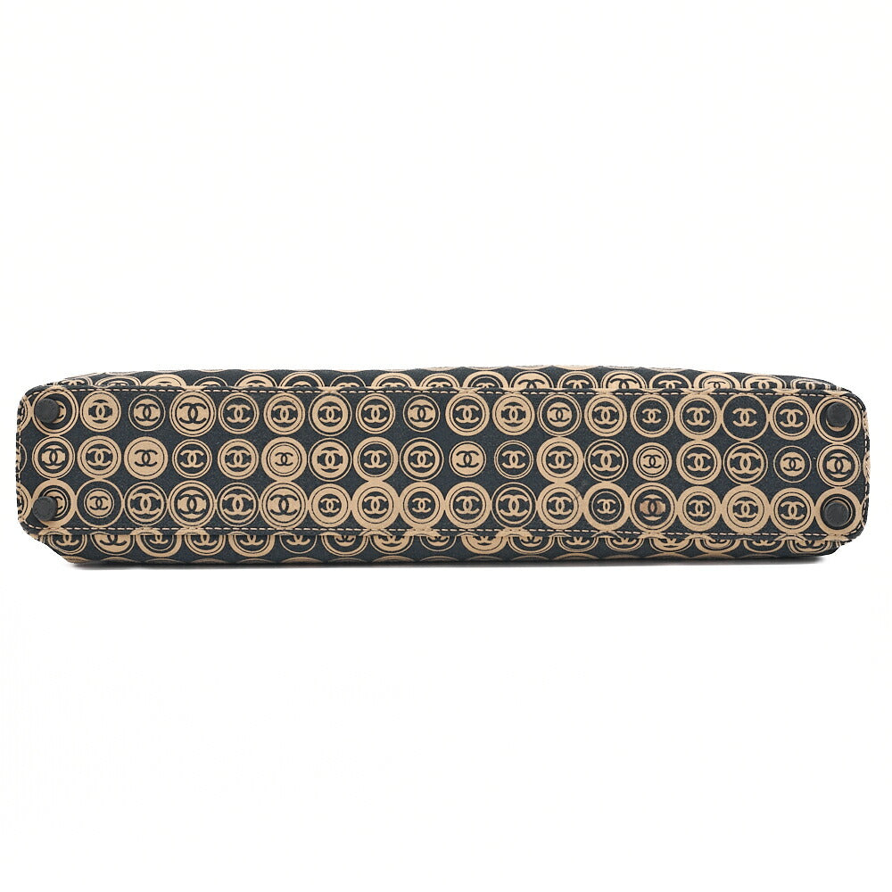 CHANEL Cotton x Leather Coco Mark All Over Pattern Handbag Black x Beige Gold-Tone Hardware, Pre-Owned