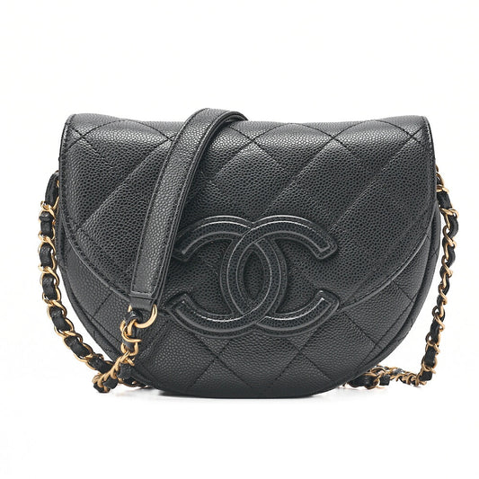 CHANEL Matelasse Coco Mark Half Moon Chain Shoulder Bag Caviar Skin Black Gold-Tone Hardware, Pre-Owned