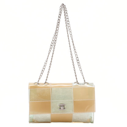 シャネル ビニール チョコレートバー シングル フラップ チェーンショルダー ベージュ (シルバー金具、中古品)
