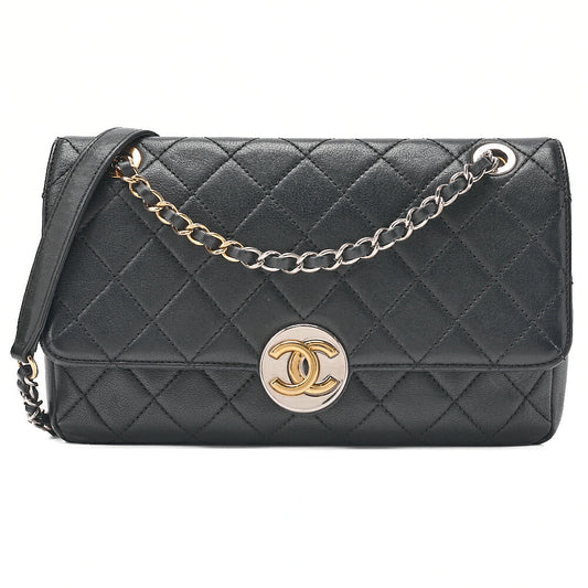 CHANEL Matelasse Circle Coco Single Flap Chain Shoulder Lambskin Black Gold X Silver-Tone Hardware, Pre-Owned