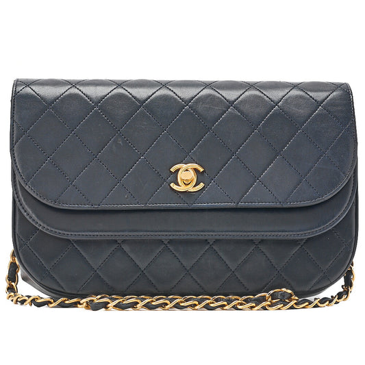 CHANEL Matelasse Half Moon Double Flap Chain Shoulder Bag Lambskin Navy Gold-Tone Hardware, Pre-Owned