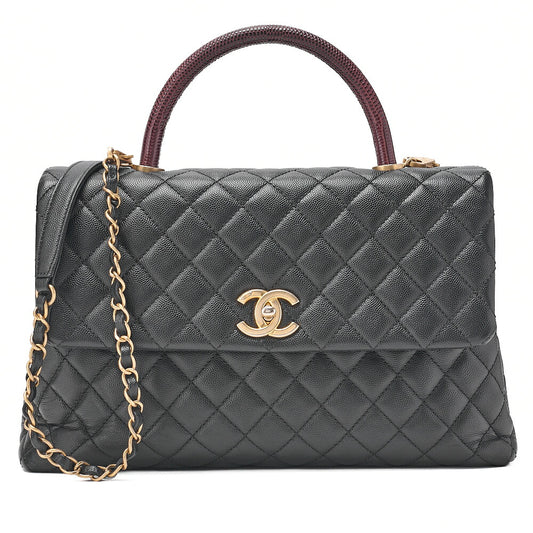CHANEL Shoulder Bag Matelasse Coco Handle 33 2WAY Handbag Caviar Skin x Lizard Black Gold-Tone Hardware, Pre-Owned