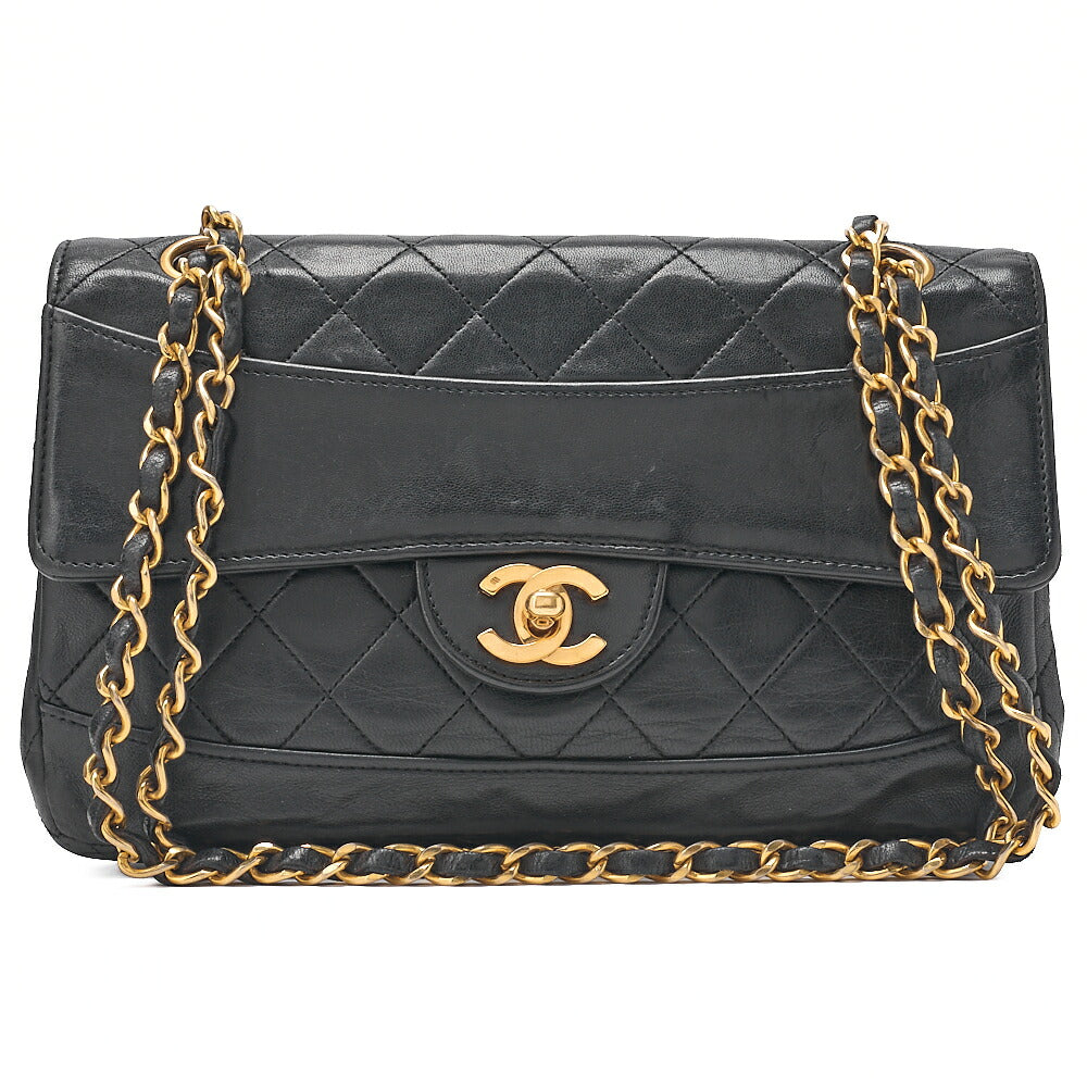 CHANEL ラムスキン マトラッセ デザイン フラップ ポーチ付き シングル チェーン ショルダーバッグ ブラック ゴールド金具 中古品