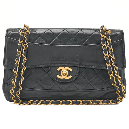CHANEL ラムスキン マトラッセ デザイン フラップ ポーチ付き シングル チェーン ショルダーバッグ ブラック ゴールド金具 中古品