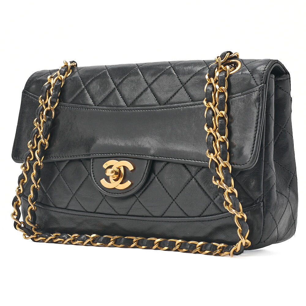 CHANEL ラムスキン マトラッセ デザイン フラップ ポーチ付き シングル チェーン ショルダーバッグ ブラック ゴールド金具 中古品